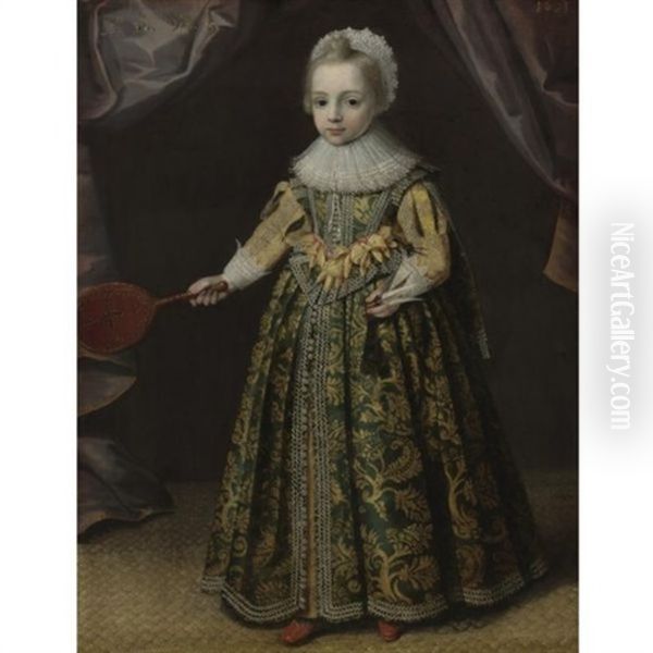 Portrait Of A Little Girl Holding A Battledore And Shuttlecock Oil Painting by Paul van Somer