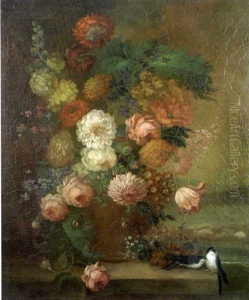 A Still Life Of Carnations And Dahlias In A Vase, With Swallows On A Ledge Beside Oil Painting by Andrew Somerville