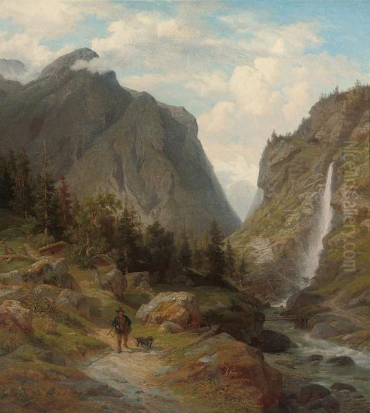 A Huntsman By An Alpine Torrent Oil Painting by Wilhelm Brandenburg