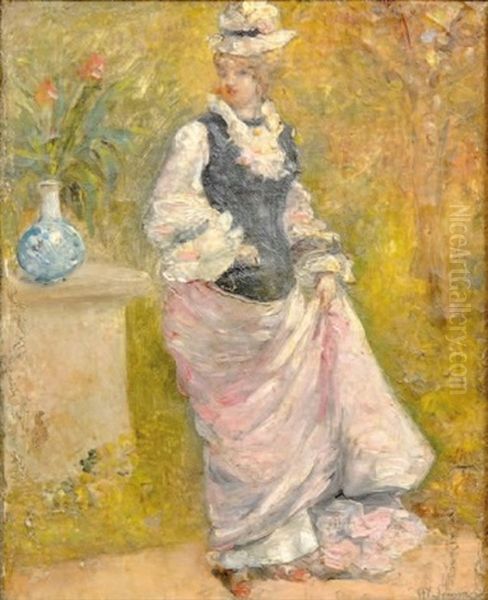 Portrait De Jeune Femme En Pied Au Chapeau A Cote D'un Vase De Fleurs Oil Painting by Henry Somm