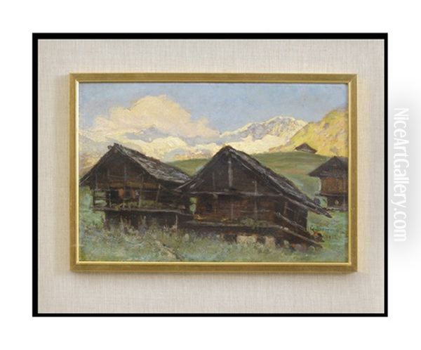 Case Vecchie Ad Orsia (gressoney La Trinite) Oil Painting by Guilio Sommati di Mobello