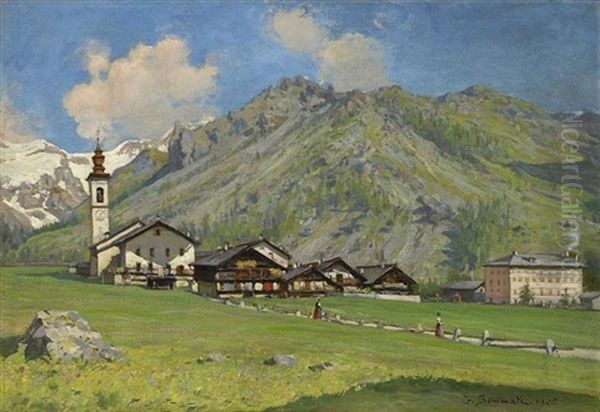 Blick Auf Das Sommerliche Gressoney, Monte Rosa Oil Painting by Guilio Sommati di Mobello