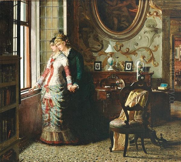 Zwei Junge Frauen Blicken Sehnsuchtsvoll Aus Dem Fenster Oil Painting by Godofredo Sommavilla