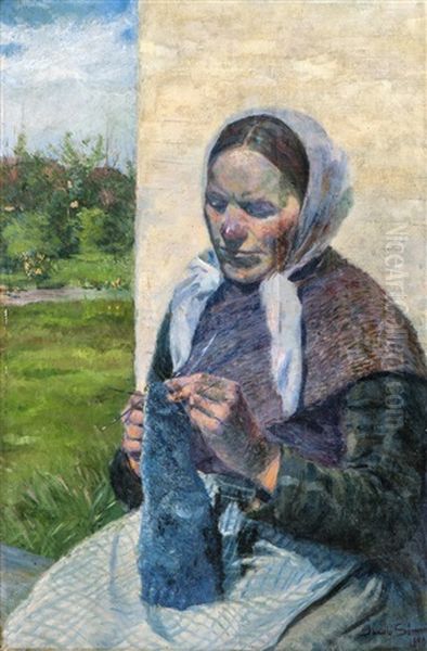 Knitting Woman Oil Painting by Jacob Kielland Somme