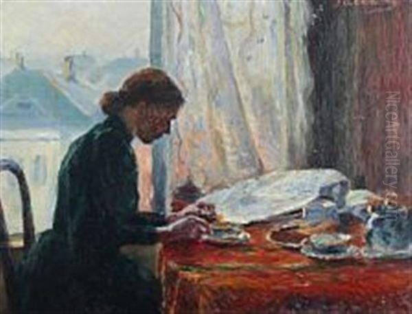 A Young Woman Sitting At The Breakfast Table In The Sunlight Oil Painting by Jacob Kielland Somme