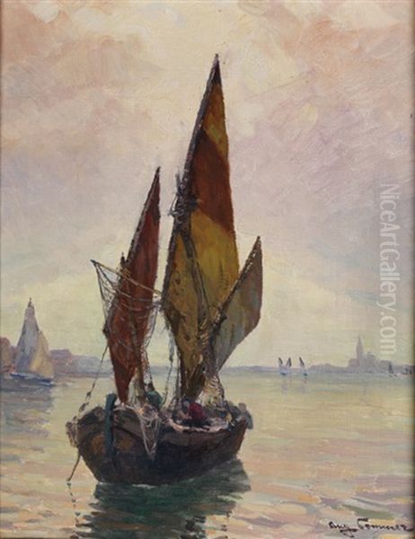 Segelschiffe Vor Dem Weichbild Von Venedig Oil Painting by August (Carl Wilhelm A.) Sommer