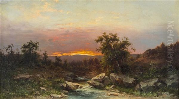 Hirsche Am Wildbach Bei Sonnenuntergang Oil Painting by Carl August Sommer