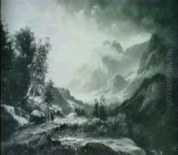 Mountainous Landscape With Figures On A Path Oil Painting by Carl August Sommer