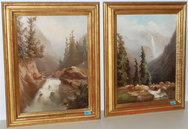 Gegenstucke. Das Lauterbrunnental Mit Dem Schmadribachfall Und Der Jungfrau (+ Brucke Uber Einen Wildbach Bei Der Handecck; 2 Works) Oil Painting by Ferdinand Sommer