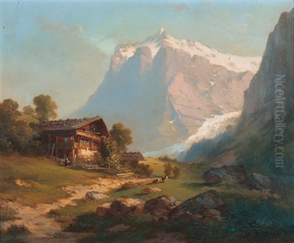 Ansicht Eines Bauernhauses Bei Grindelwald Mit Wetterhorn by Ferdinand Sommer