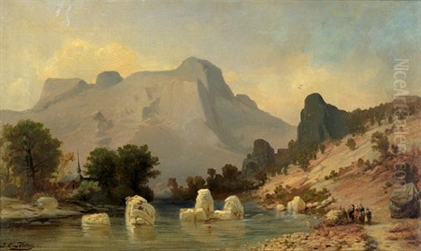 Ansicht Eines Gebirgssees In Den Alpen Mit Wanderern Am Ufer Oil Painting by Friedrich (Carl Johann Fr.) Sommer