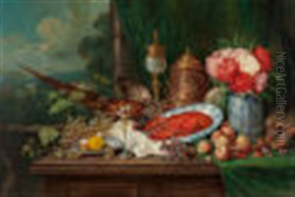 Abundant Still Life With Pheasant, Lobster, Fruit, And Flowers Oil Painting by Georg Sommer