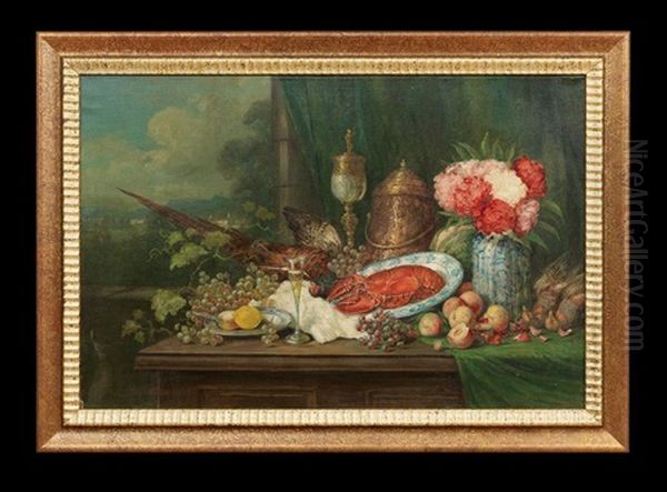 Abundant Still Life With A Pheasant, Lobster, Fruit And Flowers Oil Painting by Georg Sommer