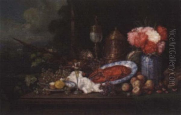 Still Life With Pheasant, Lobster, Fruit And Flowers Oil Painting by Georg Sommer