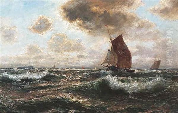 Marine. Segelboote Und Ein Dampfer Im Sonnenlicht Oil Painting by Georg Sommer