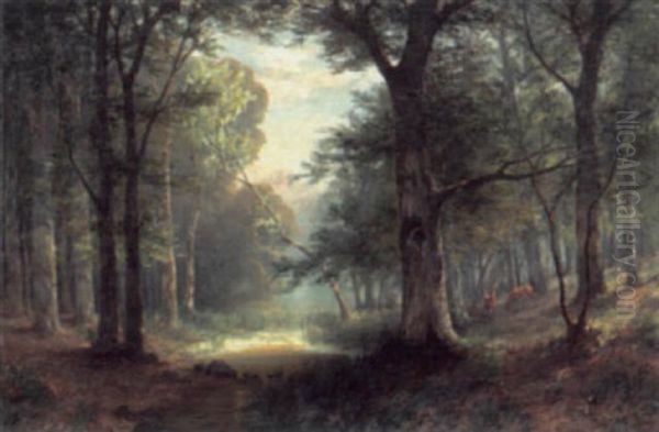 Waldlichtung Mit Bachlauf Und Rehen Oil Painting by Georg Sommer