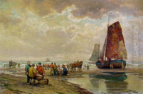 Fischverkauf Am Strand Von Scheveningen Oil Painting by Georg Sommer