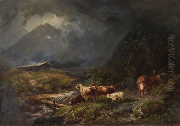 Cows In A Mountainous Landscape Oil Painting by Otto Sommer