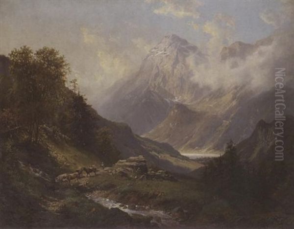 Heimkehrende Kuhherde Vor Gebirgslandschaft Oil Painting by Otto Sommer