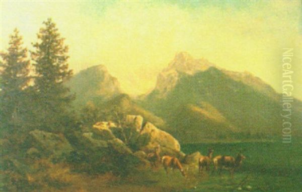 Deer Watering At The Edge Of A Lake Oil Painting by Otto Sommer