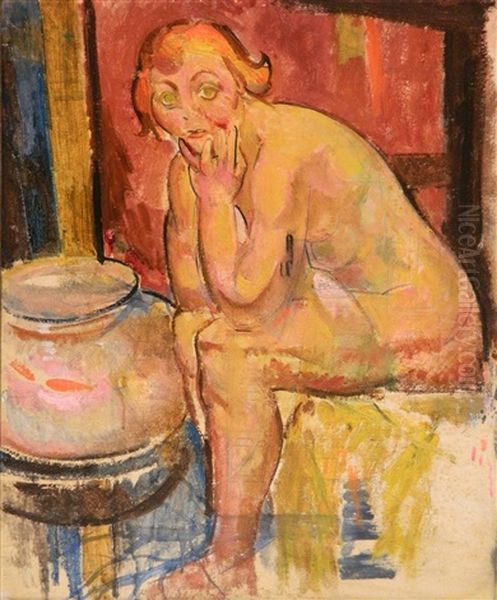 Seated Nude With Fishbowl Oil Painting by William Sommer