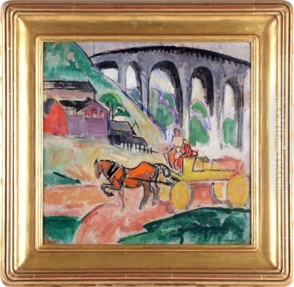 Figures On A Horse Drawn Wagon With Bridge Oil Painting by William Sommer