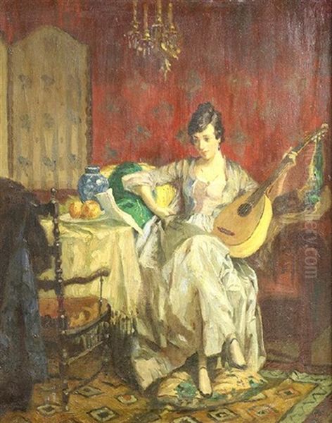 Femme A La Mandoline Oil Painting by Konstantin Andreevich Somov