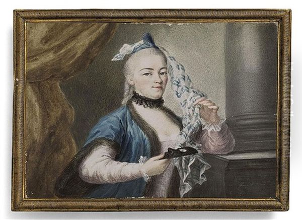 A Lady, Possibly A Member Of The Russian Court, In White Dress, Blue Fur-bordered Cloak, Black Frilled Choker Oil Painting by Jean-Francois De Sompsois