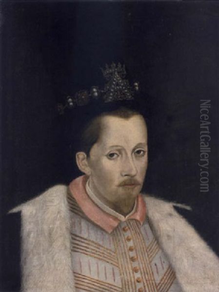 Portrait Of King James Vi Of Scotland, Later I Of England, In A Slashed Doublet, A Fur-lined Black Cloak And A Black Hat Oil Painting by Adrian van Son