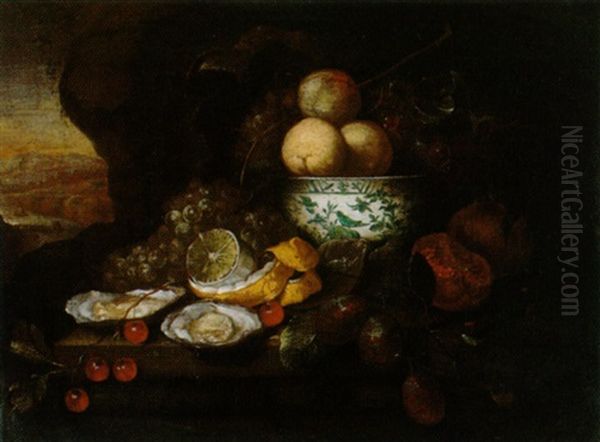 Stillleben Mit Pfirsichen Und Weintrauben In Einer Chinesischen Ming-schale Sowie Austern, Kirschen Einer Zitrone Und Pflaumen Oil Painting by Jan Frans van Son