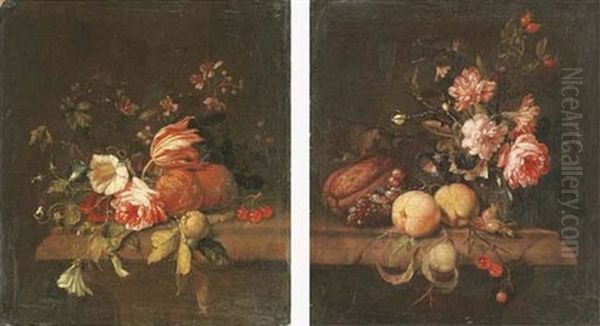 A Rose, A Tulip, Oranges, Cherries, And Blackberry Blossom On A Stone Ledge Oil Painting by Jan Frans van Son