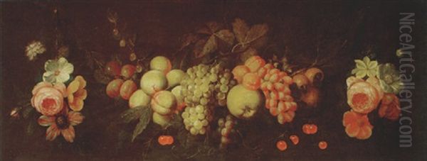 Still Life Of Swag Of Fruit And Flowers Suspended From Nails Oil Painting by Jan Frans van Son