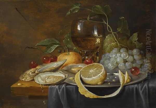 Still Life Of Oysters, Cherries, Grapes, Citrus Fruits And A Glass Roemer On A Partially Draped Wooden Table by Joris Van Son