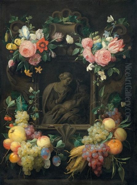 Stone Cartouche With A Depiction Of The Madonna And Child And John The Baptist Surrounded By Bouquets Of Flowers And Fruits Oil Painting by Joris Van Son