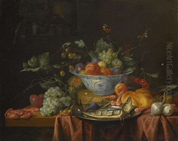 Still Life With Fruit In A Wan-li Porcelain Bowl, With A Crab, Fish And Shrimps On A Table, And A Vanitas Still Life With A Skull On The Ledge, Upper Left Oil Painting by Joris Van Son