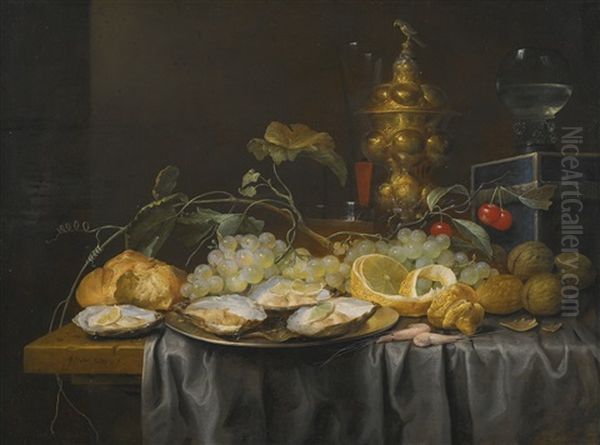 A 'pronk' Still Life Of Grapes, Cherries, Walnuts And A Peeled Lemon, With Oysters On A Pewter Plate, And A Glass Roemer, Wine Glass And Gilt Goblet, All On A Draped Table by Joris Van Son