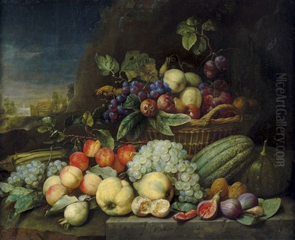 Obststillleben Mit Mispeln, Quitten, Feigen, Melonen, Aprikosen Und Trauben Auf Einem Steinernen Tisch Und In Einem Fruchtkorb, Links Mit Aussicht Auf Eine Landvilla Oil Painting by Joris Van Son