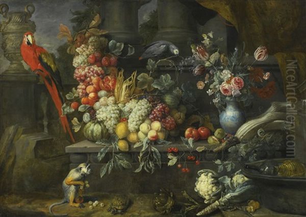 Still Life Of A Garland Of Fruits, Flowers In A Blue And White Vase Upon A Stone Plinth, Together With Vegetables, A Wine Cooler, A Monkey, A Tortoise, A Macaw And A Grey Parrot, Within An Architectural Setting Oil Painting by Joris Van Son