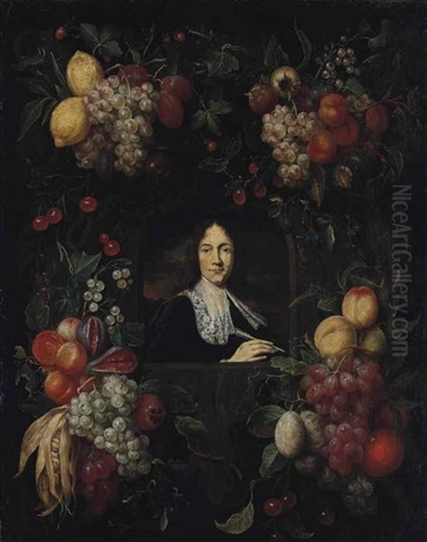 A Sculpted Cartouche With A Garland Of Lemons, Grapes, Cherries, Figs, Apricots, Strawberries And Other Fruits, Surrounding A Portrait Of A Gentleman, Bust-length, In A Black Doublet And White Lace Standing Collar, Holding A Quill In His Right Hand Oil Painting by Joris Van Son