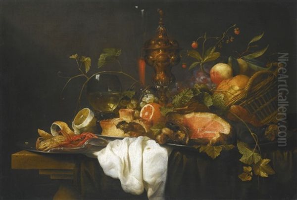 A 'pronk' Still Life Of Fruits In A Basket Together With A Gilt Goblet, Wine Glass, A Ham, A Pie, Orange, Lemon And A Crab, All Upon A Table Draped With Blue And White Cloths Oil Painting by Joris Van Son