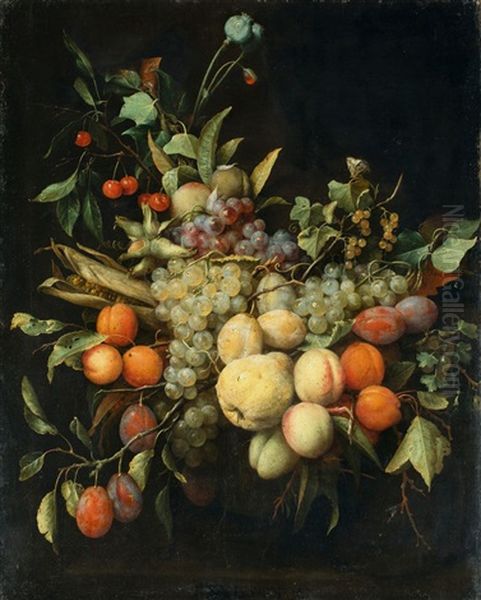 A Garland Of Fruits In Front Of A Stone Relief Oil Painting by Joris Van Son