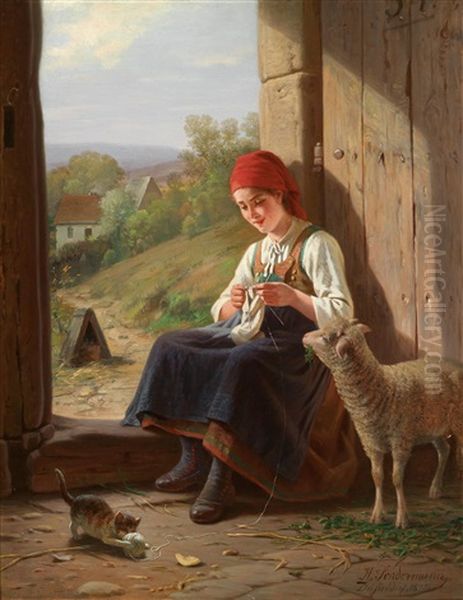 Strickendes Madchen Mit Katzchen Oil Painting by Hermann Sondermann