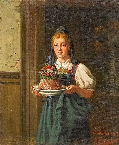 Madchen Mit Geburtstagskuchen Oil Painting by Hermann Sondermann