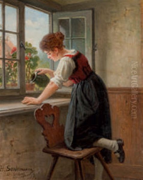 Junge Frau In Tracht Beim Blumen Giessen Oil Painting by Hermann Sondermann