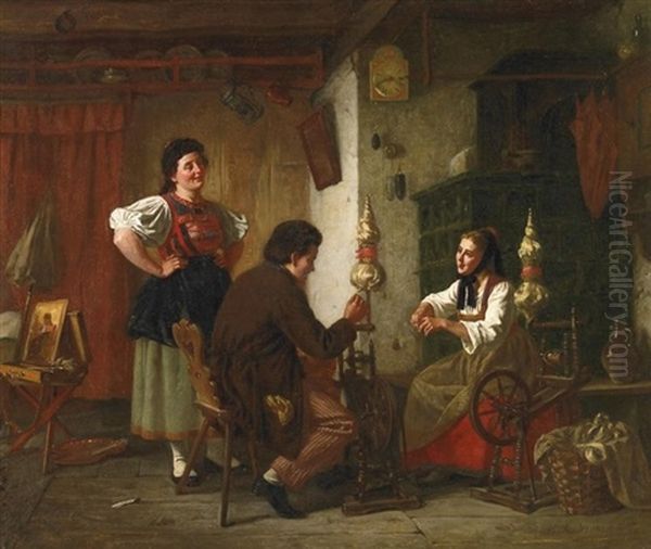 In Der Schwalmer Bauernstube. Ein Maler Wird Von Seinen Weiblichen Modellen Bei Dem Versuch Zu Spinnen Geneckt Oil Painting by Hermann Sondermann