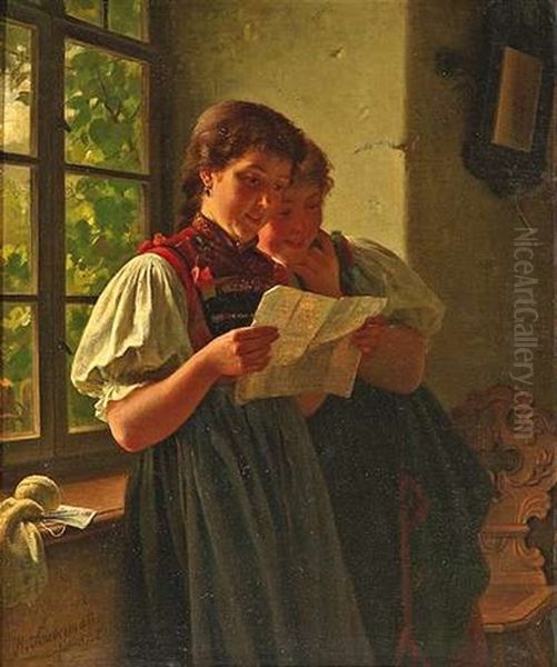 Am Fenster Stehend Lesen Zwei Bauernmadchen Einen Brief Oil Painting by Hermann Sondermann