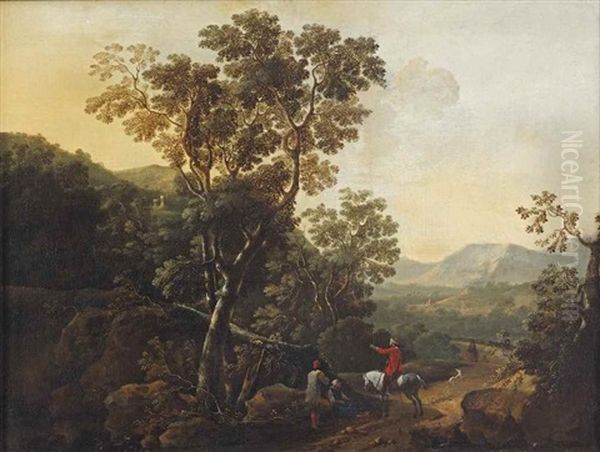 A Wooded Landscape With A Horseman And Two Peasants On A Path Oil Painting by Jan Gabrielsz Sonje