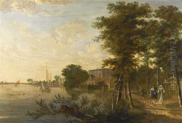 Elegant Figures On A Path By A River Oil Painting by Jan Gabrielsz Sonje