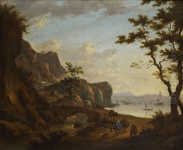 Paysage Italien Avec Un Port Et Des Aniers Traversant Un Pont Oil Painting by Jan Gabrielsz Sonje