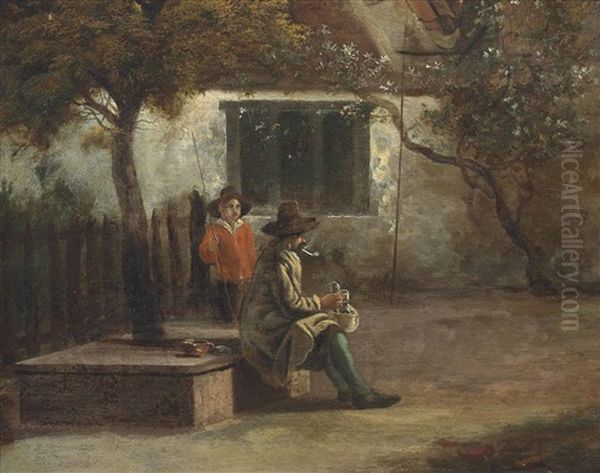 A Man Sitting Outside A Cottage Smoking A Pipe, With A Boy Holding A Rod Oil Painting by Jan Gabrielsz Sonje